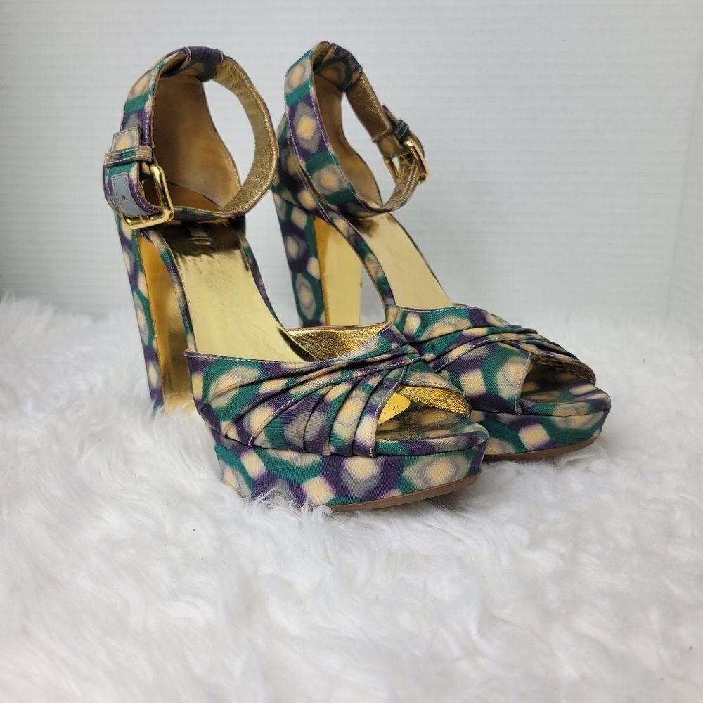 Miu Miu Multi-Color Patent Leather Platform Ankle Strap Sandals
